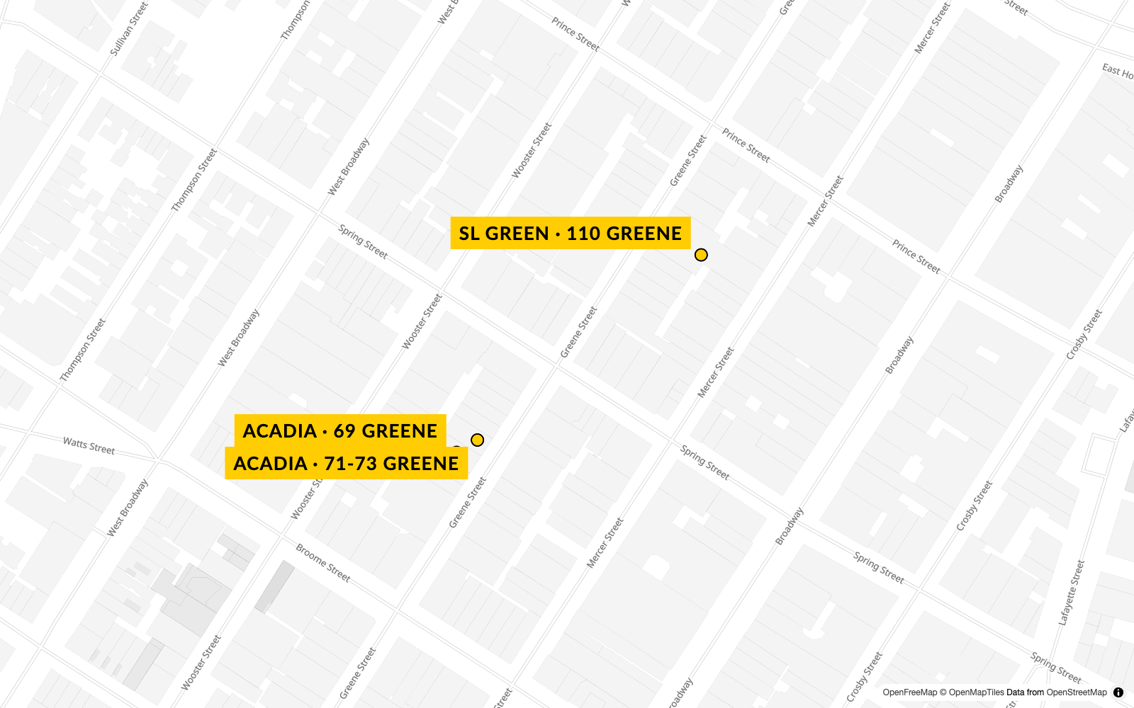 Rova editorial location map showing 69 Greene Street, 71-73 Greene Street, and 110 Greene Street.