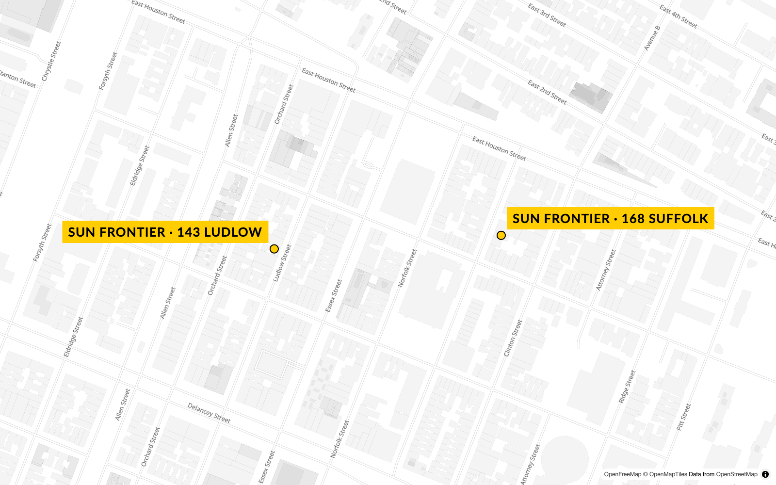 Rova editorial location map showing 143 Ludlow Street and 168 Suffolk Street.