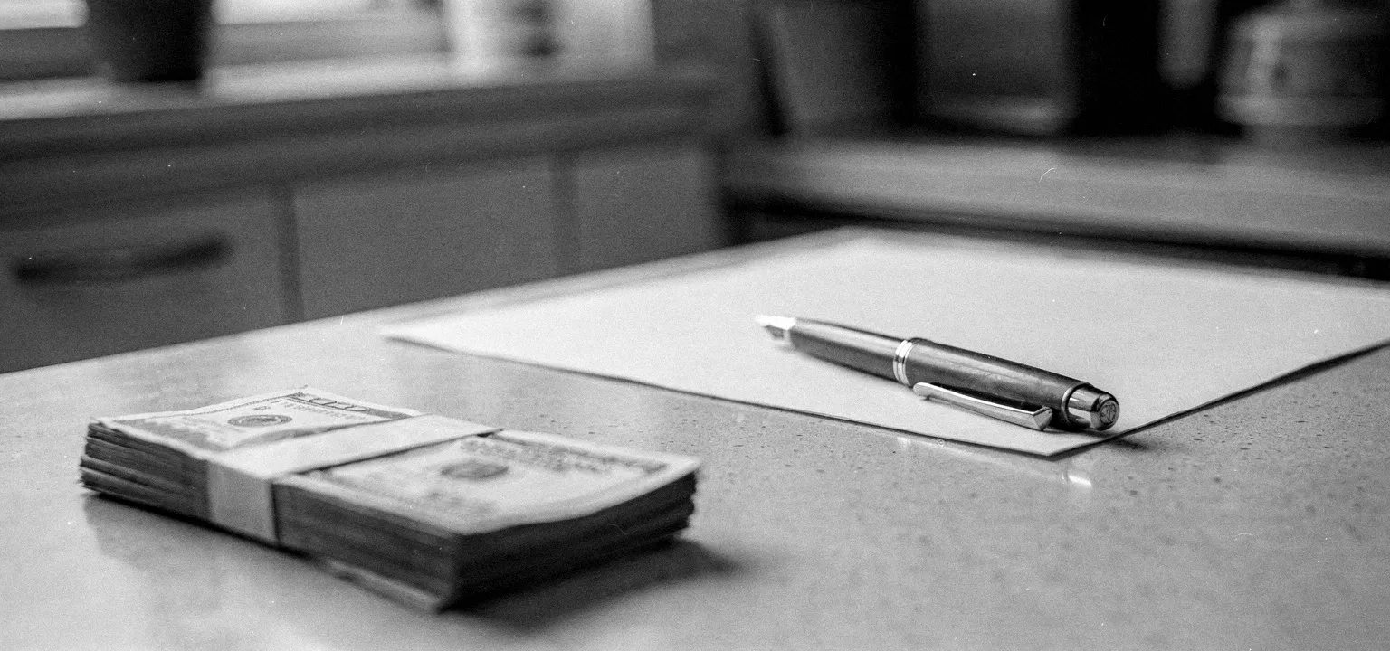 A soft stack of money beside a blank sheet and a pen, the trade between cash now and rent given up later.