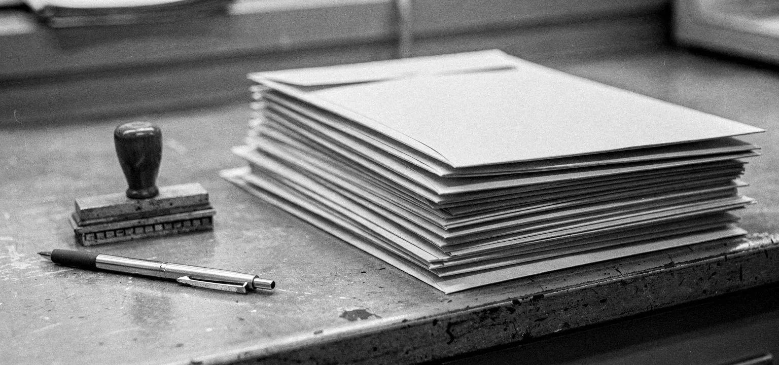 A neat stack of manila file folders and envelopes beside a stamp and pen, the weight of required storefront filings.