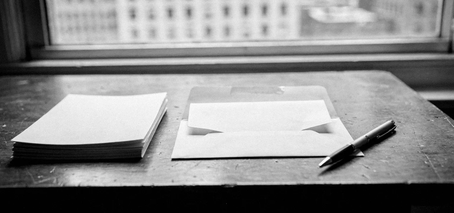 An open envelope with a folded blank letter and a pen, the moment of putting deal terms in writing.