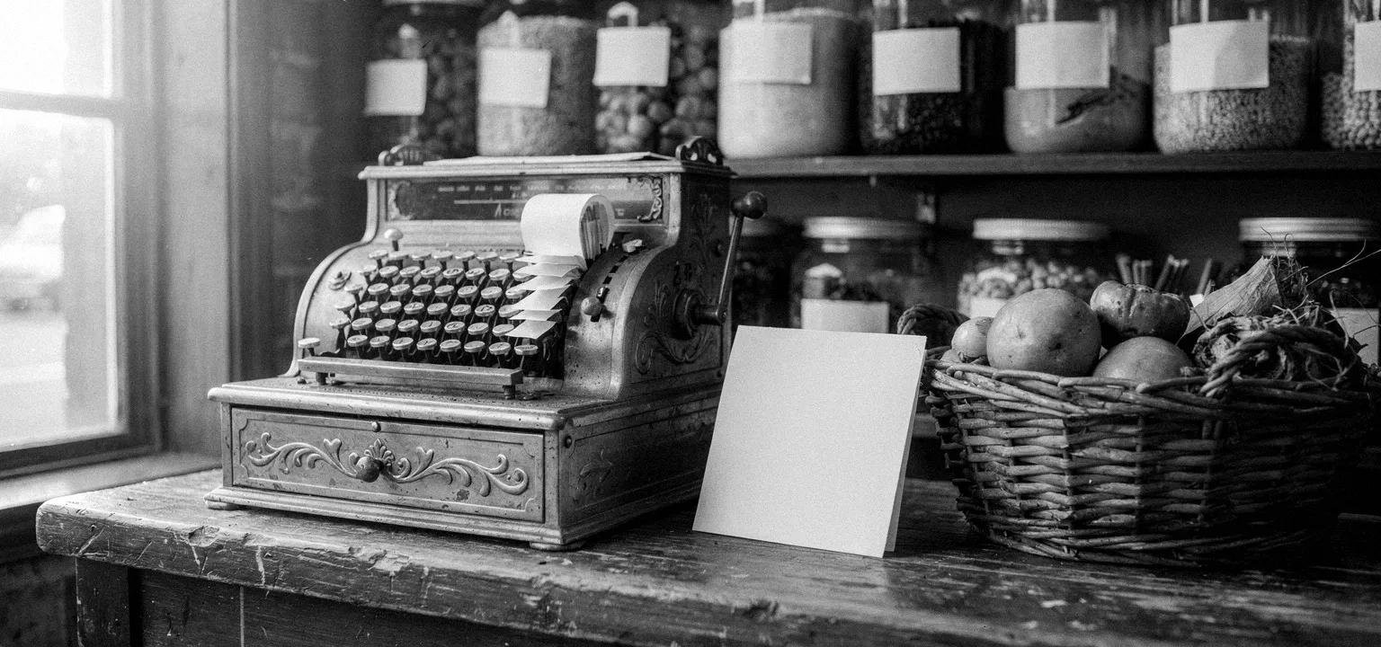 A brass cash register and stocked shelves at a neighborhood retail counter, the sales a percentage rent is based on.