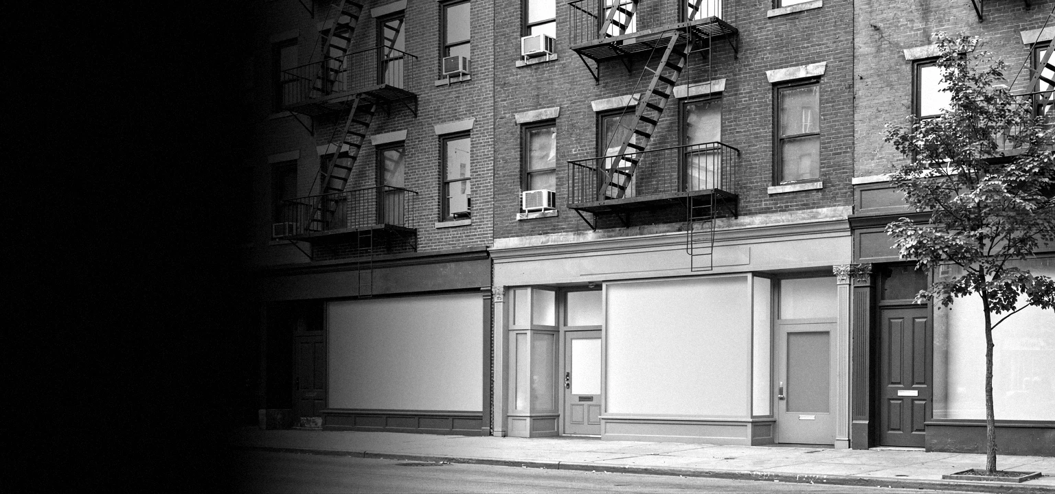 Illustrative Lower East Side streetscape with brick storefronts and fire escapes.