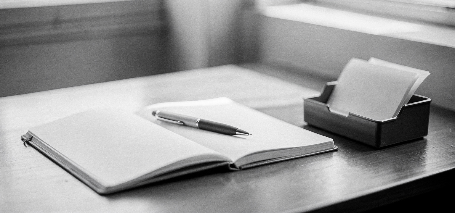 A blank ledger notebook and pen on a clean counter, the record a store keeps of its monthly sales